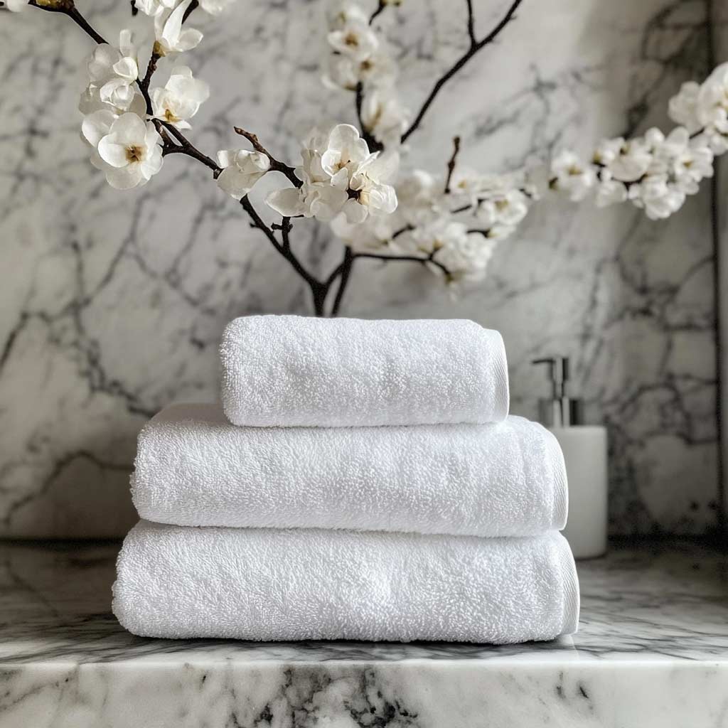 Witte, dikke, zachte hotel handdoeken die opgestapeld liggen.