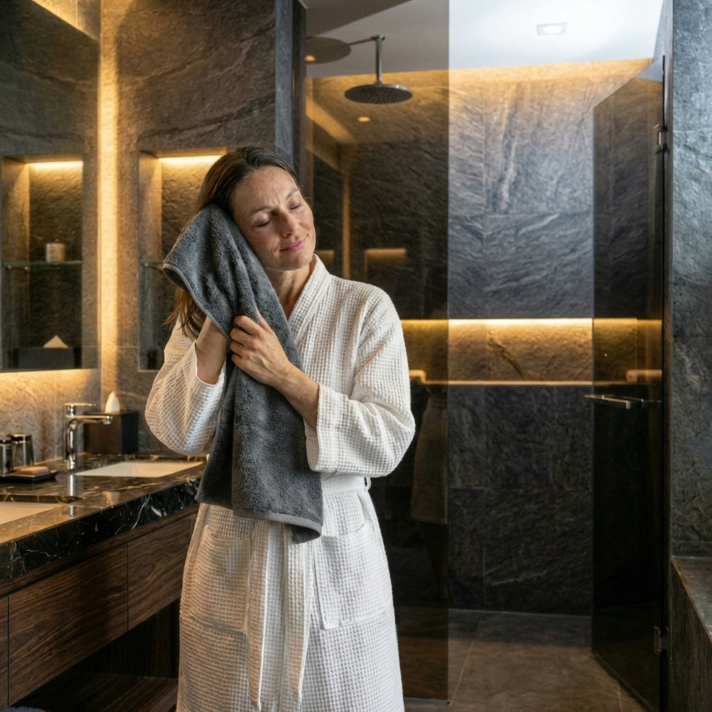 Model met zachte dikke antraciet hotel handdoek