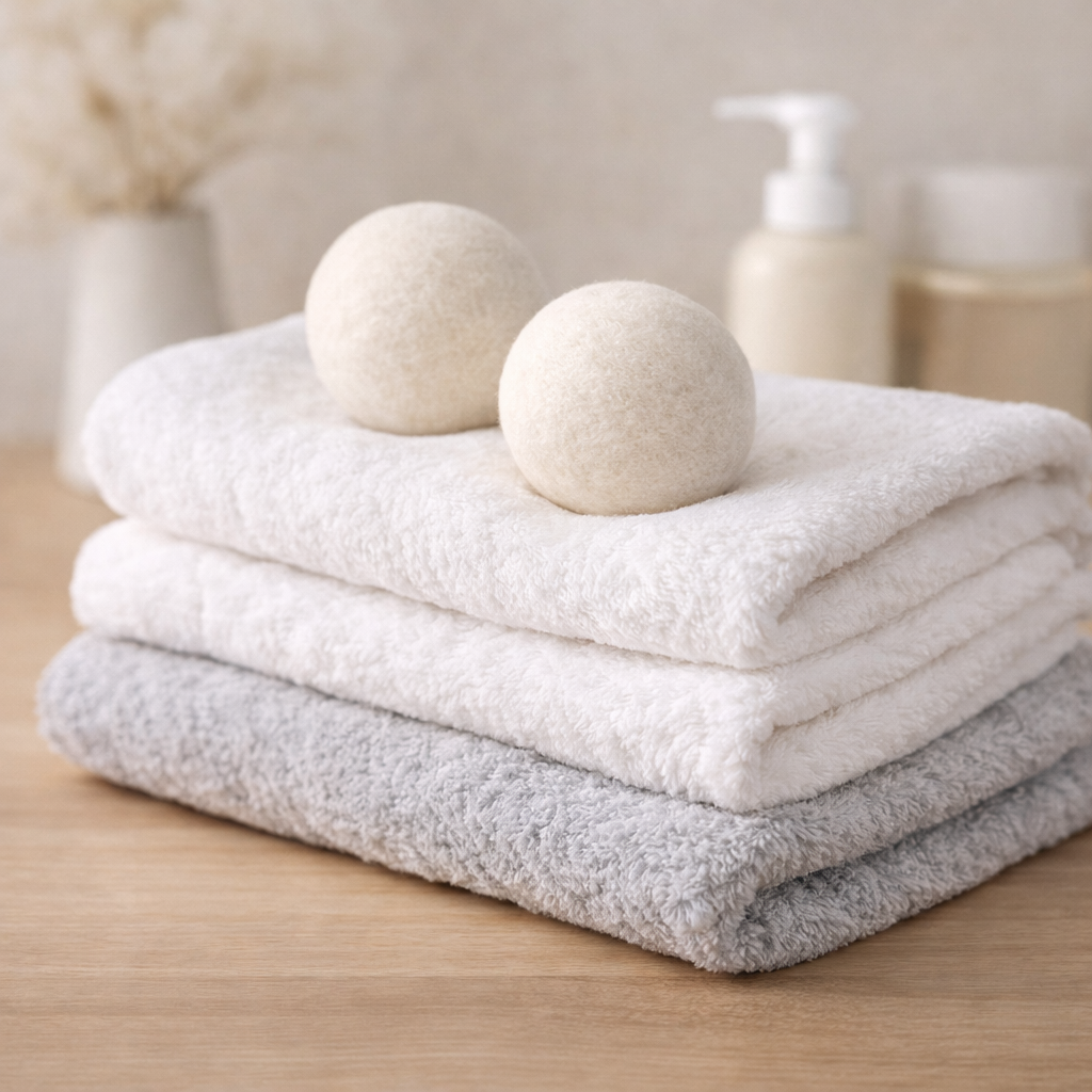 Er liggen twee wollen wasdrogerballen op een stapeltje hotel handdoeken